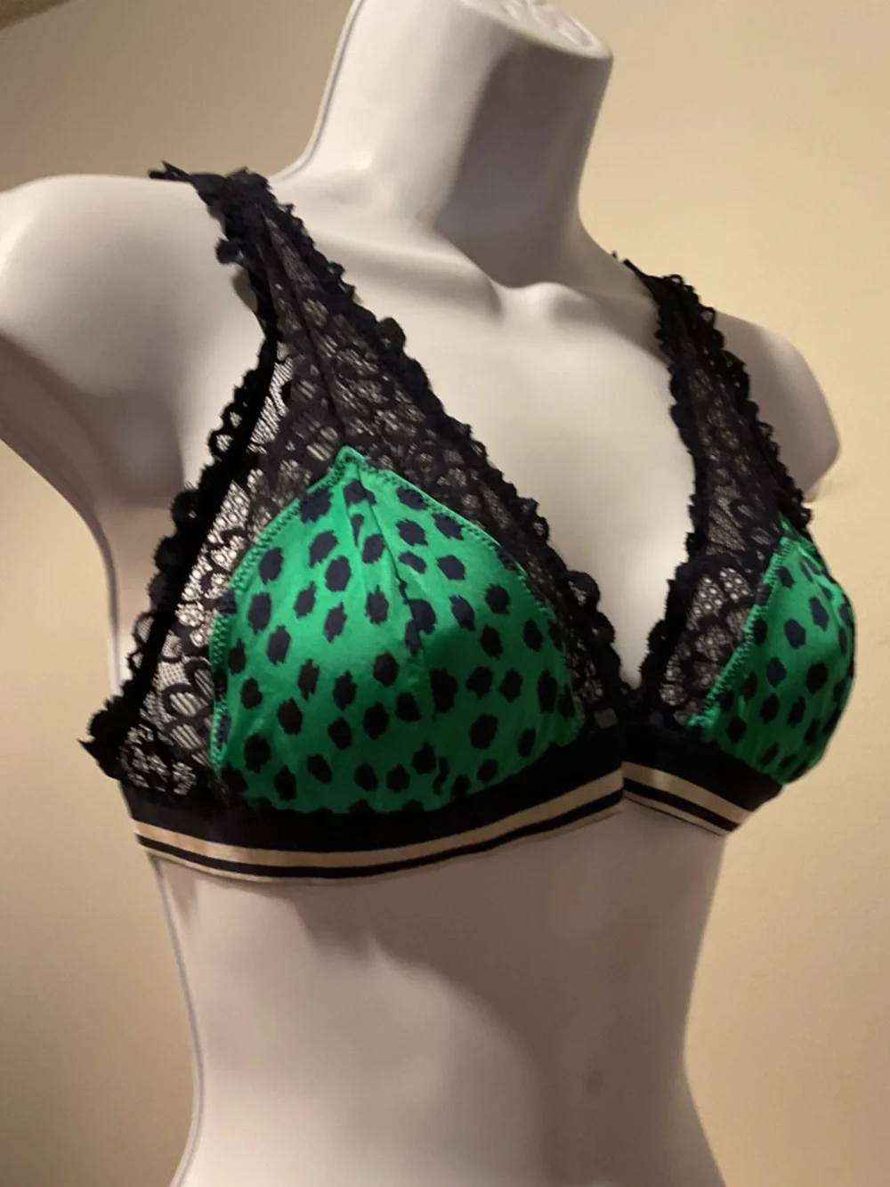 Aerie Green Lace Triangle Bralette | Med Leopard Print Mesh Soft Cup | Swim Top - Picture 4 of 11